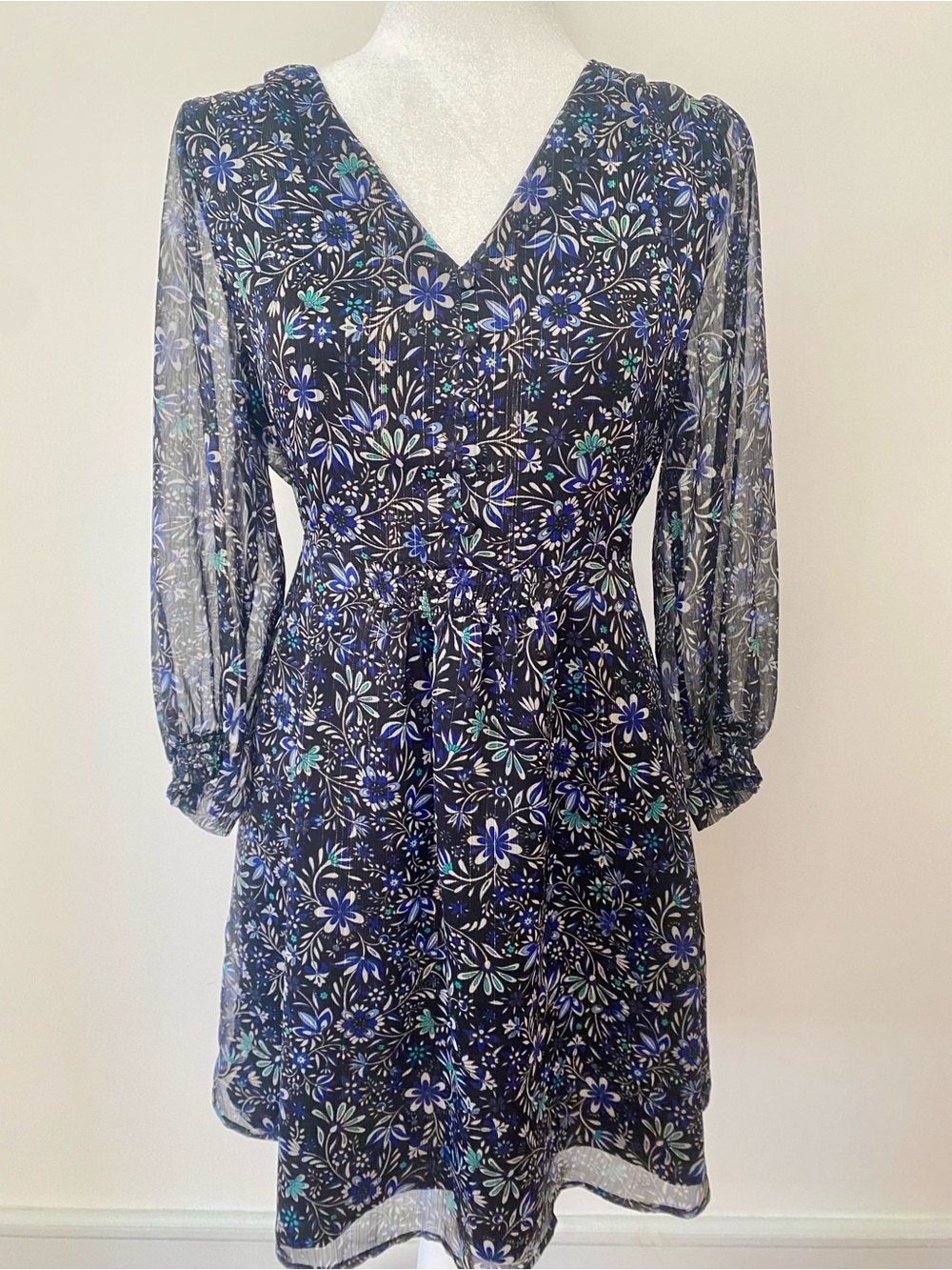 LOFT NWOT Floral Chiffon Dress Size 6 Metallic Lurex Velvet Tie